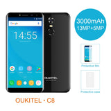 Oukitel C8 5.5 Inch 18:9 HD Screen Mobile Phone MTK6580A Quad Core 2GB RAM 16GB ROM 13MP Android 7.0 3000mAh Touch ID Cellphone